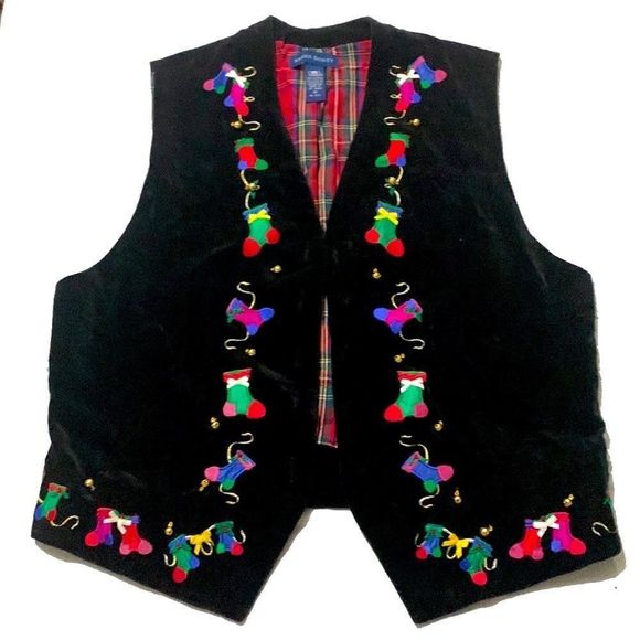 Vintage Karen Scott Christmas Vest velvet plaid lining stockings bells med - Picture 7 of 9